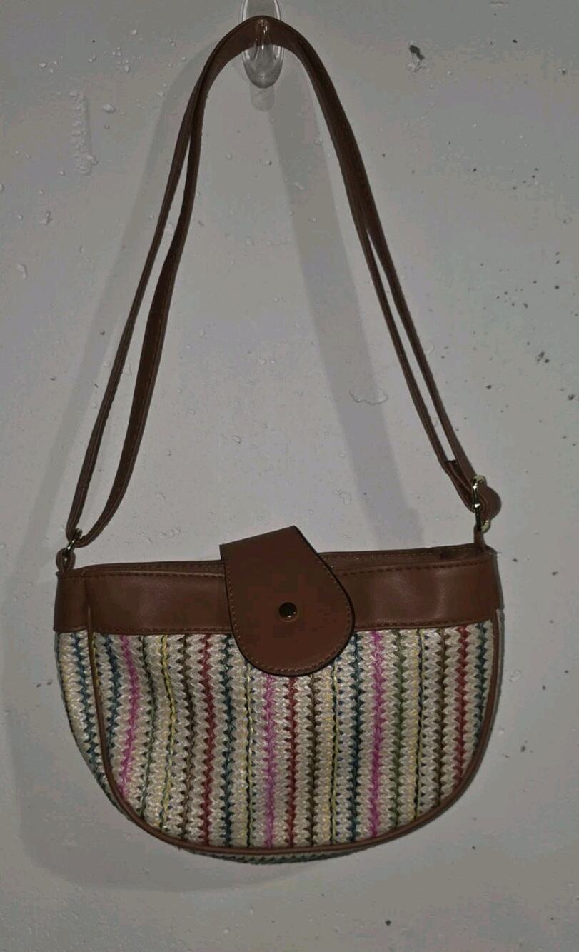 Multicolor Woven Crossbody Purse – Brown Trim – Boho Summer Bag